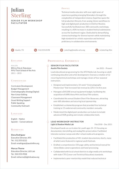 Free Film Workshop Facilitator ATS Resume Template, AI Resume Builder
