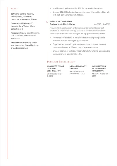 Free Film Workshop Facilitator ATS Resume Template, AI Resume Builder