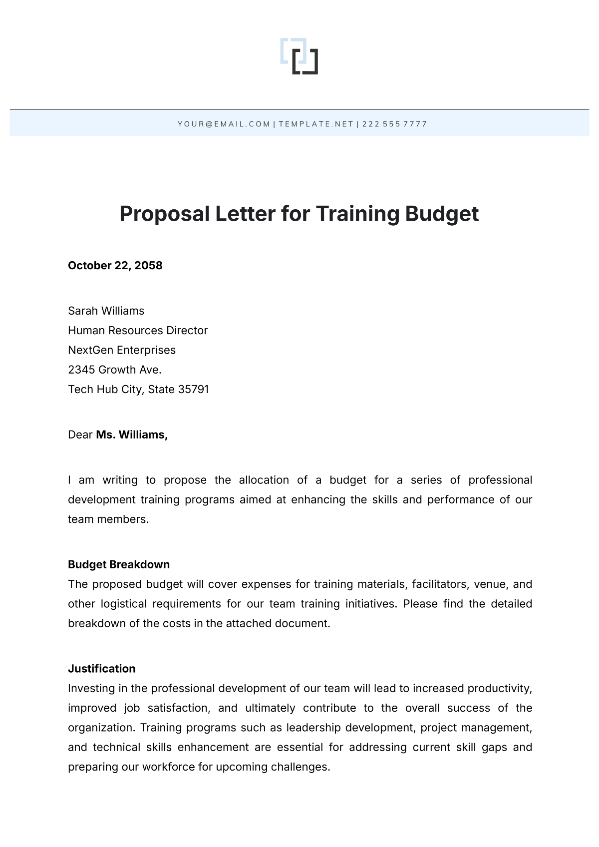 Proposal Letter for Training Budget Template - Edit Online & Download