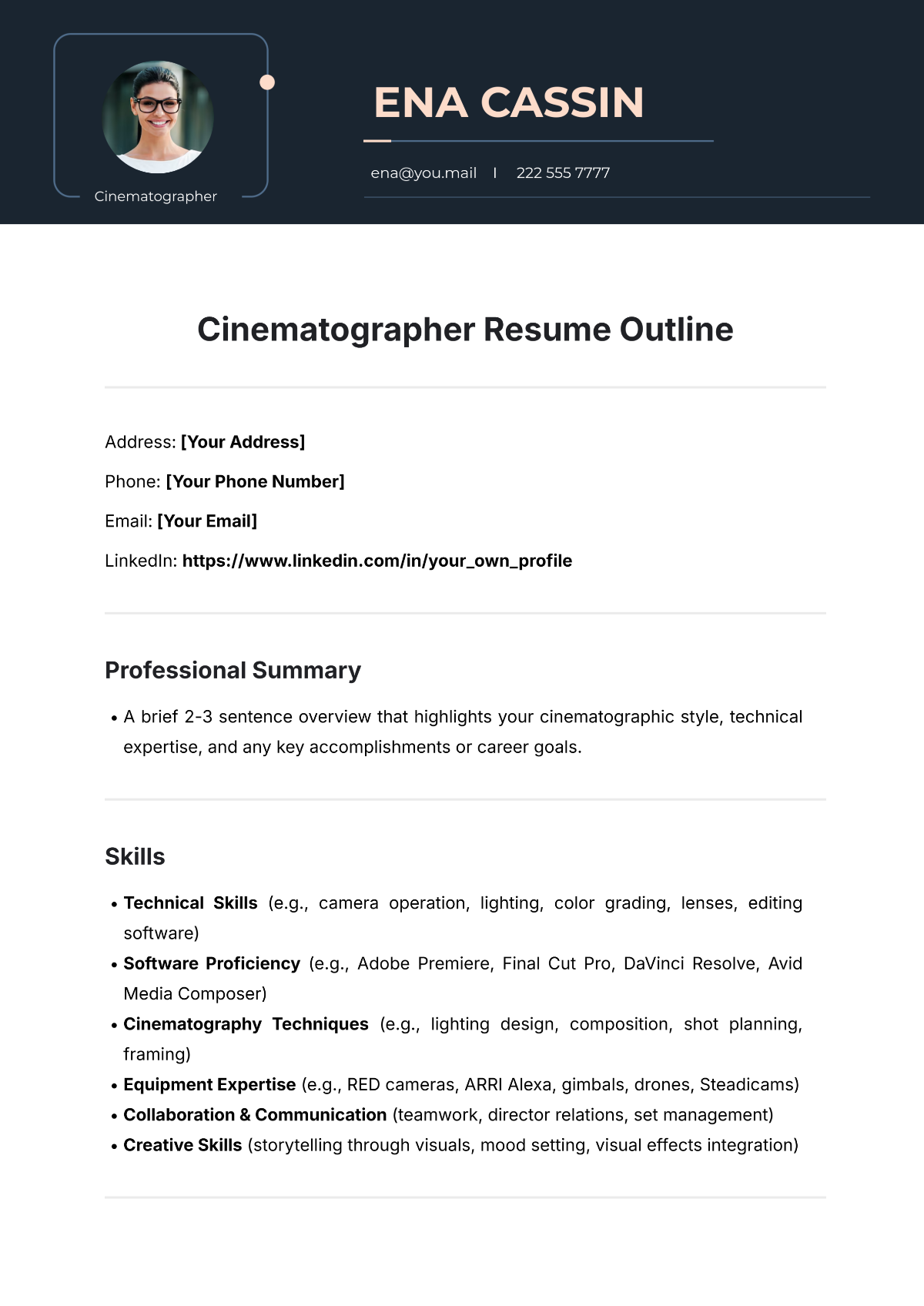 Cinematographer Resume Outline Template - Edit Online & Download