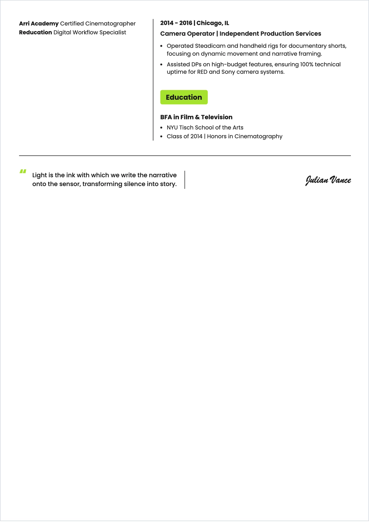 Free Cinematographer ATS Resume Template, AI Resume Builder