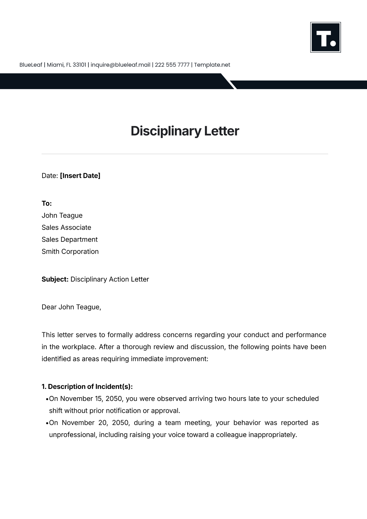 Disciplinary Letter Template - Edit Online & Download