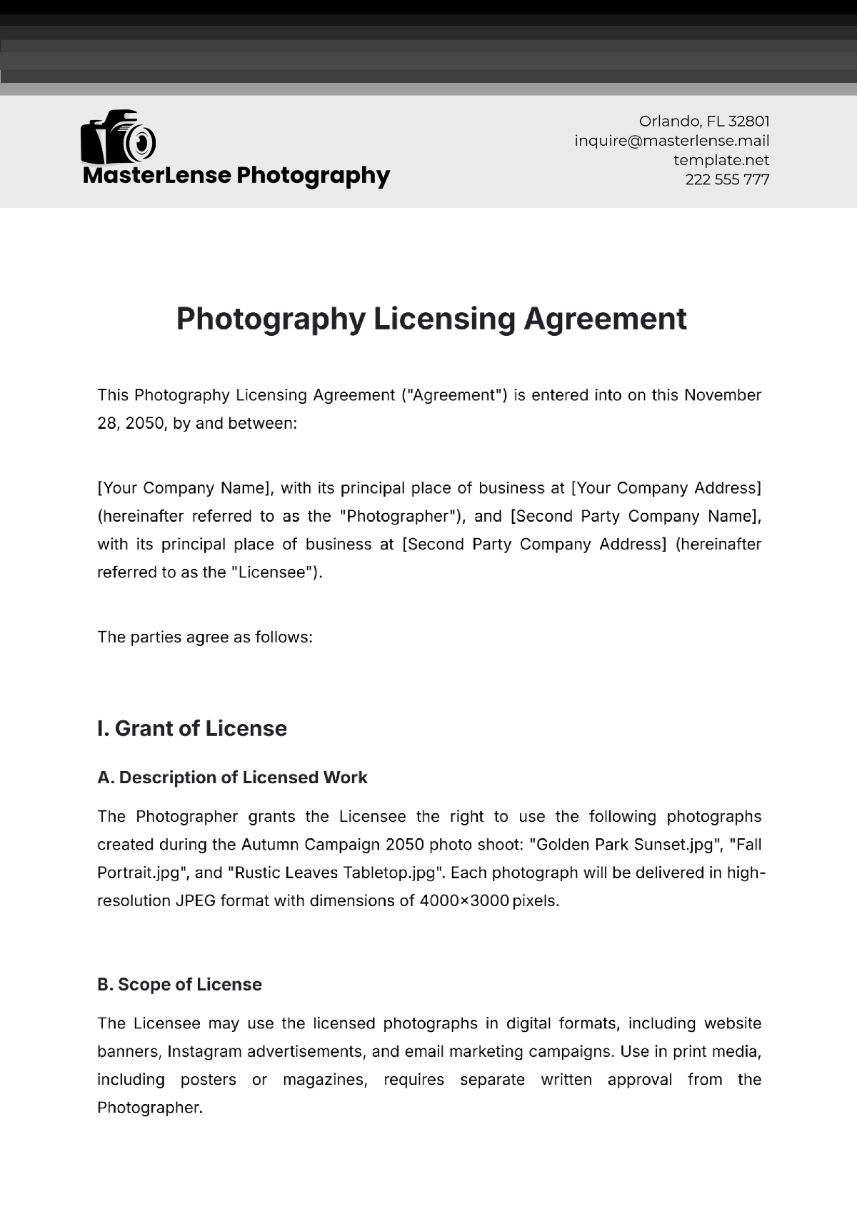 Photography Licensing Agreement Template - Edit Online & Download