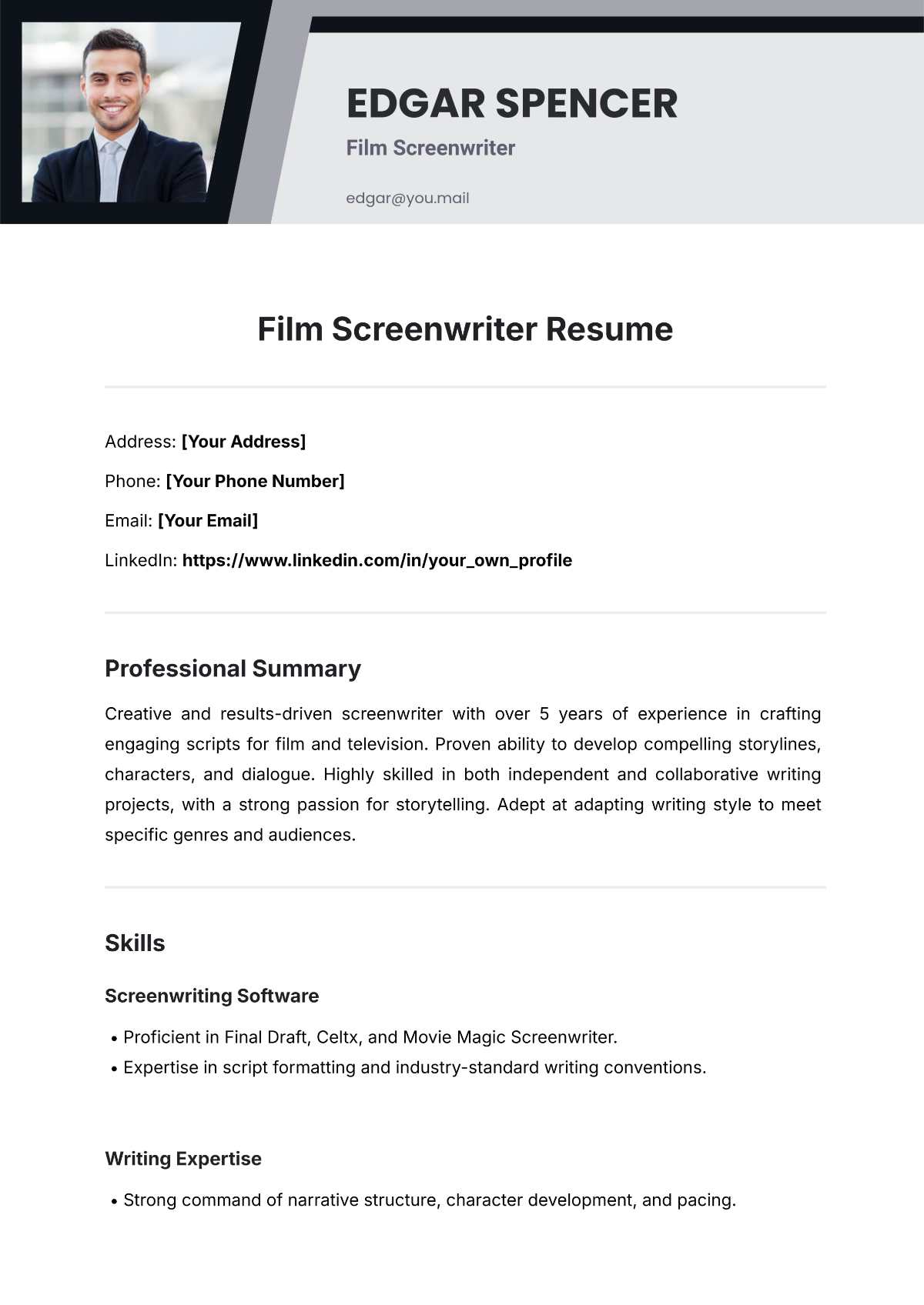 Film Screenwriter Resume Template - Edit Online & Download