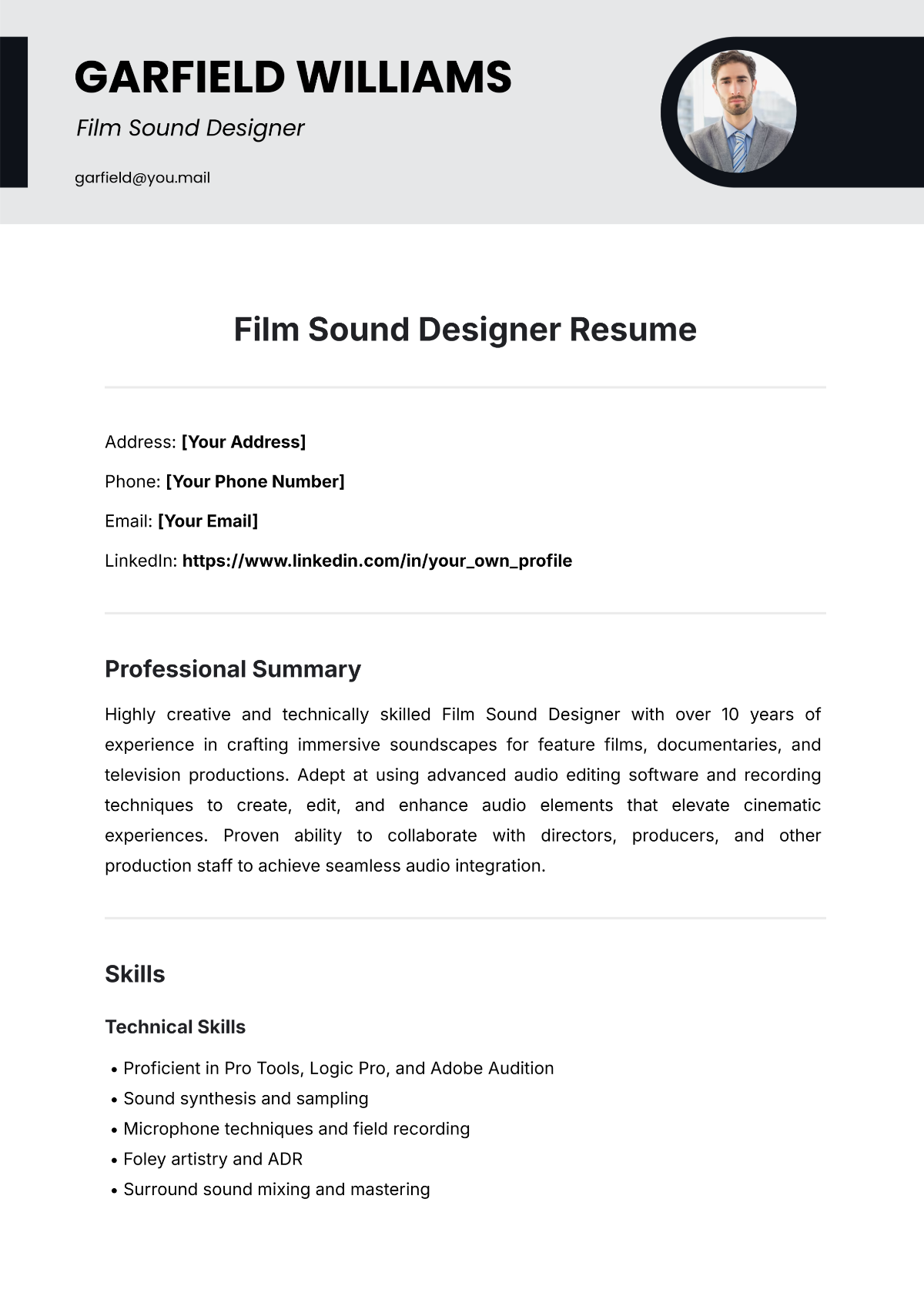 Film Sound Designer Resume Template - Edit Online & Download