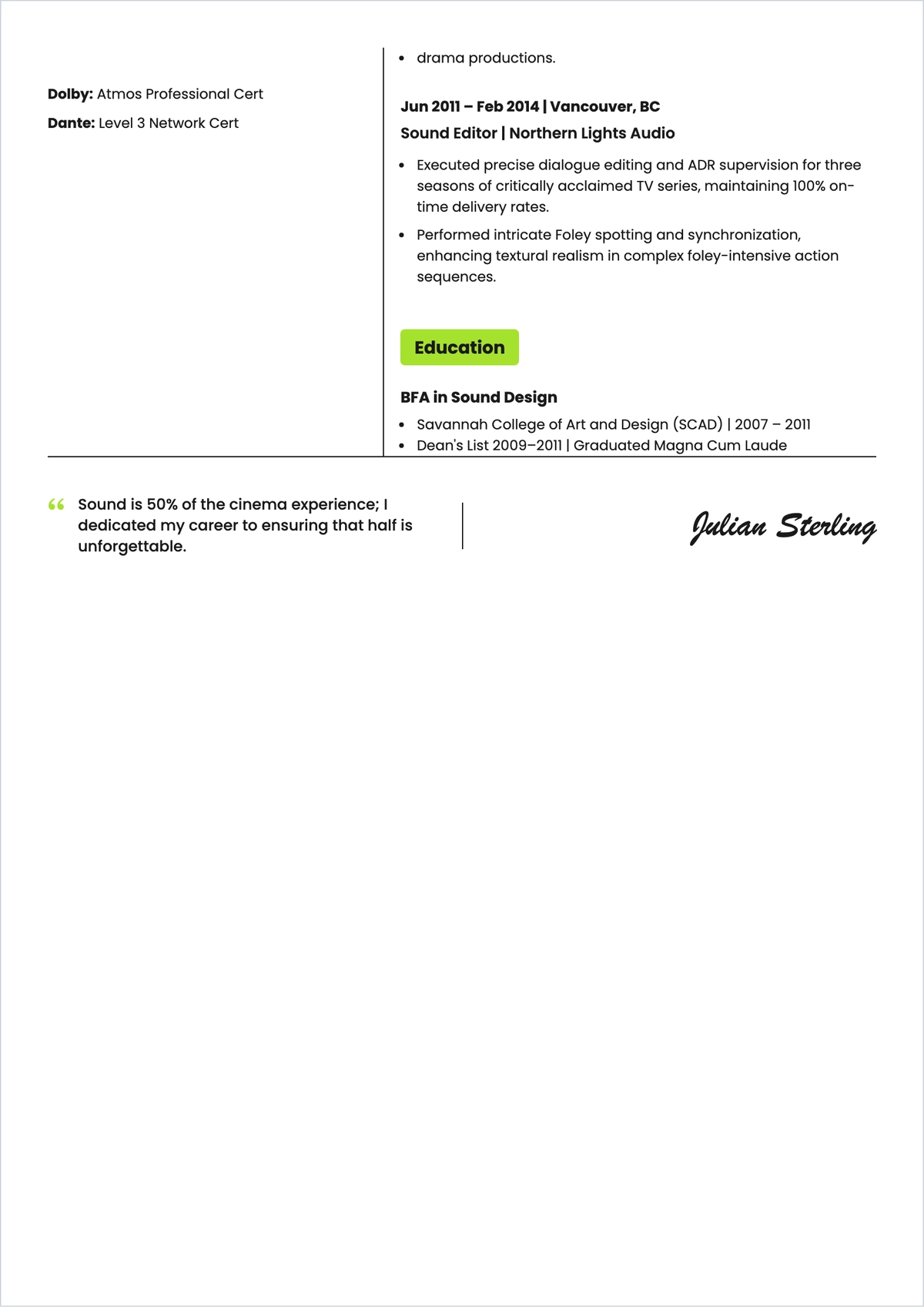 Free Film Sound Designer ATS Resume Template, AI Resume Builder