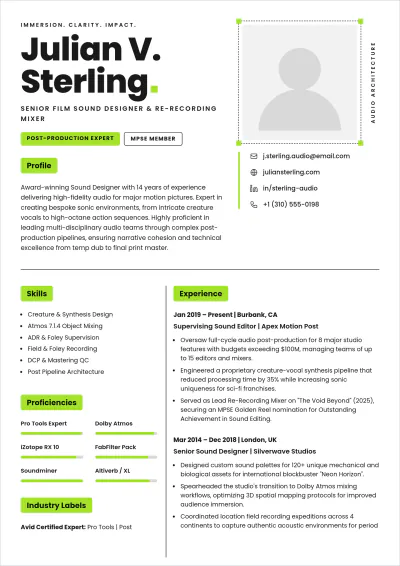 Free Film Sound Designer ATS Resume Template, AI Resume Builder