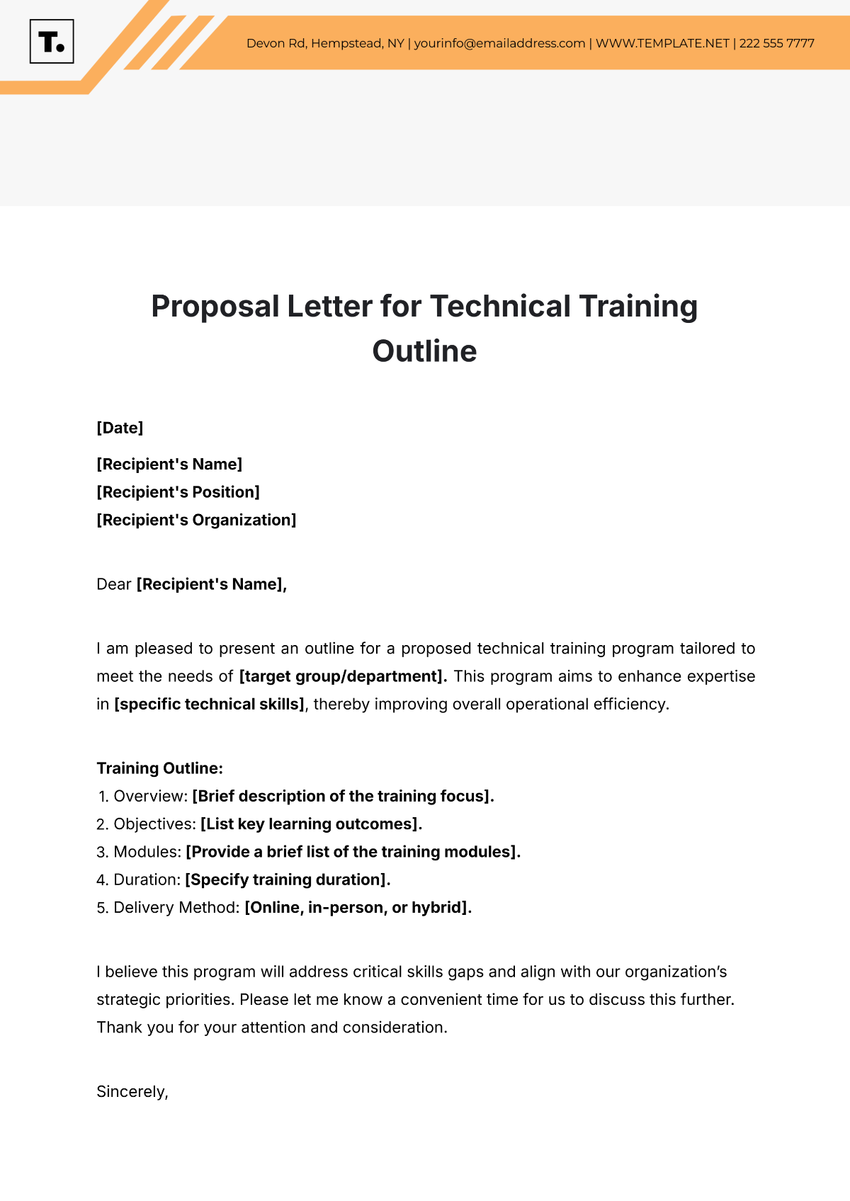 Proposal Letter for Technical Training Outline Template - Edit Online & Download