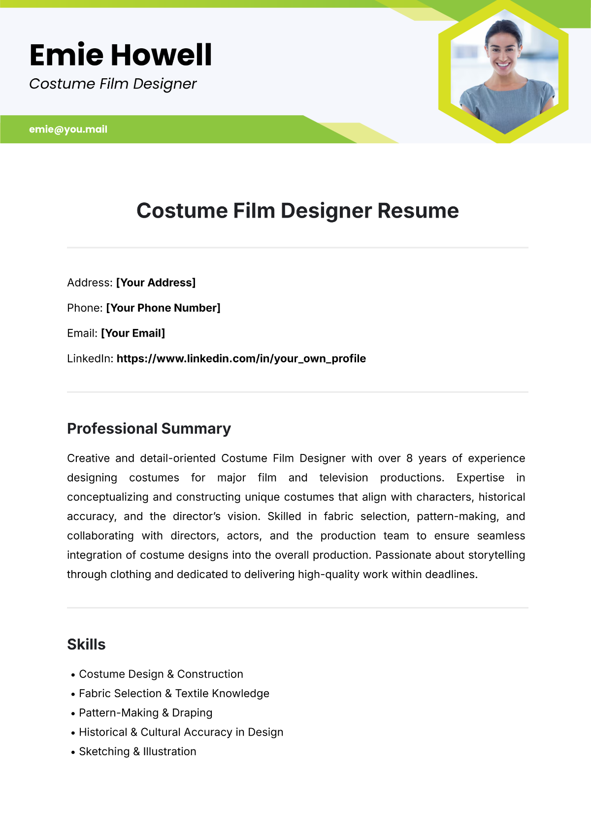 Costume Film Designer Resume Template - Edit Online & Download