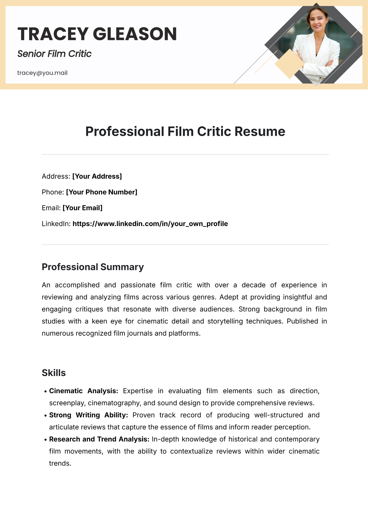 Professional Film Critic Resume Template - Edit Online & Download