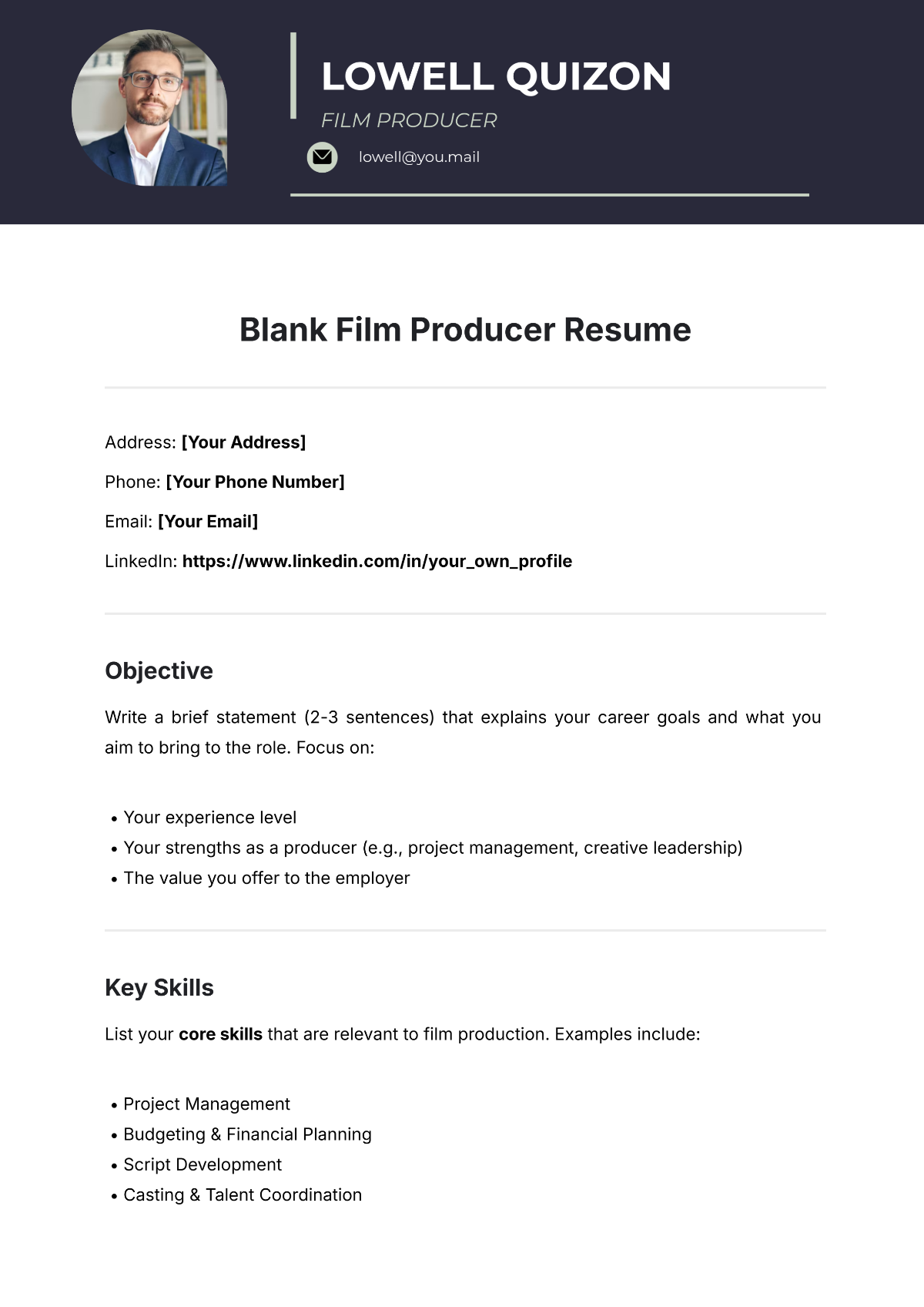 Blank Film Producer Resume Template - Edit Online & Download