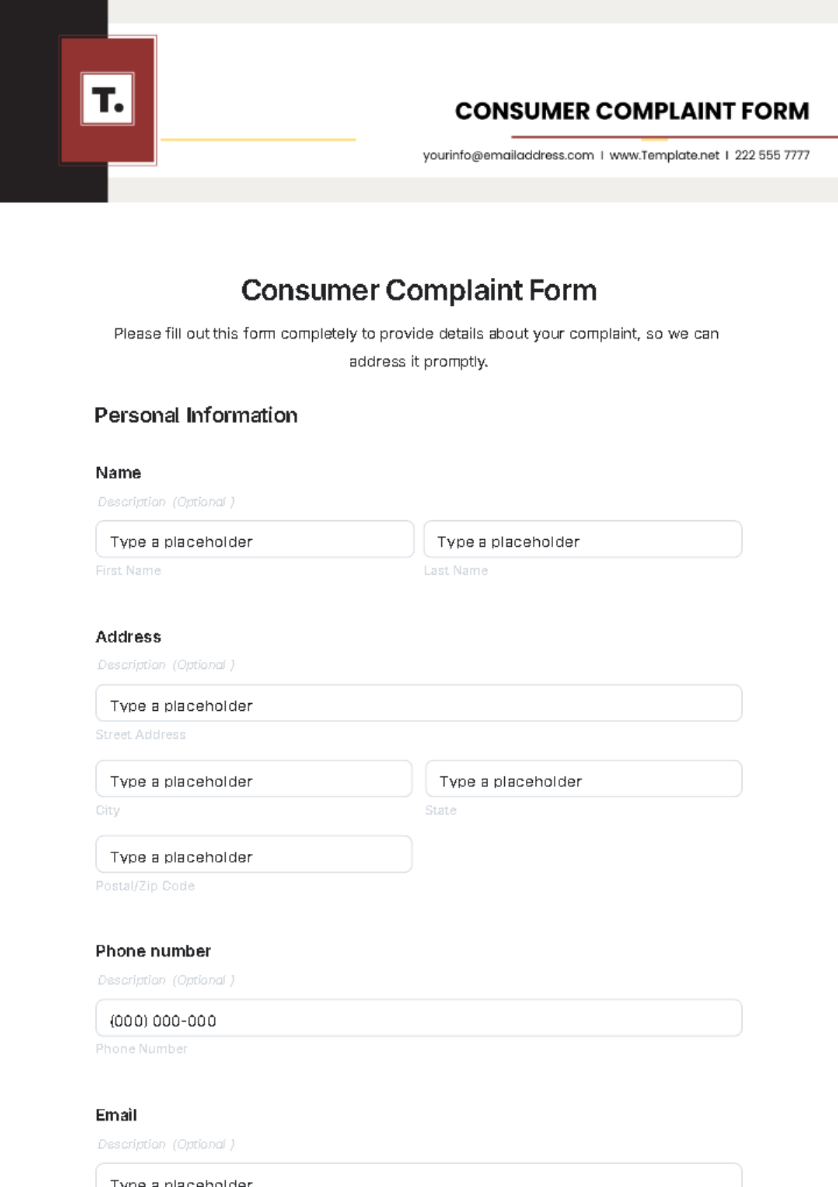 Consumer Complaint Form Template - Edit Online & Download