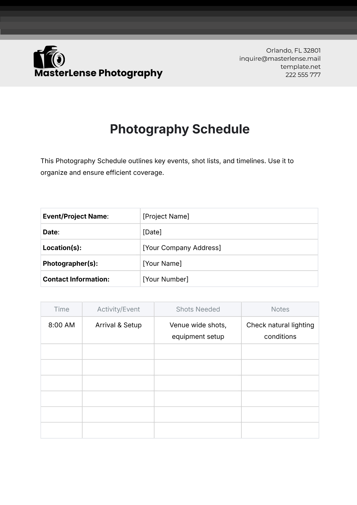 Photography Schedule Template - Edit Online & Download