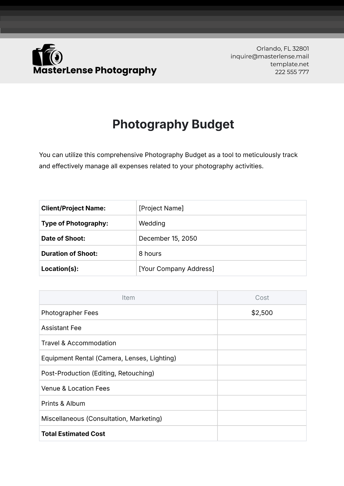 Photography Budget Template - Edit Online & Download