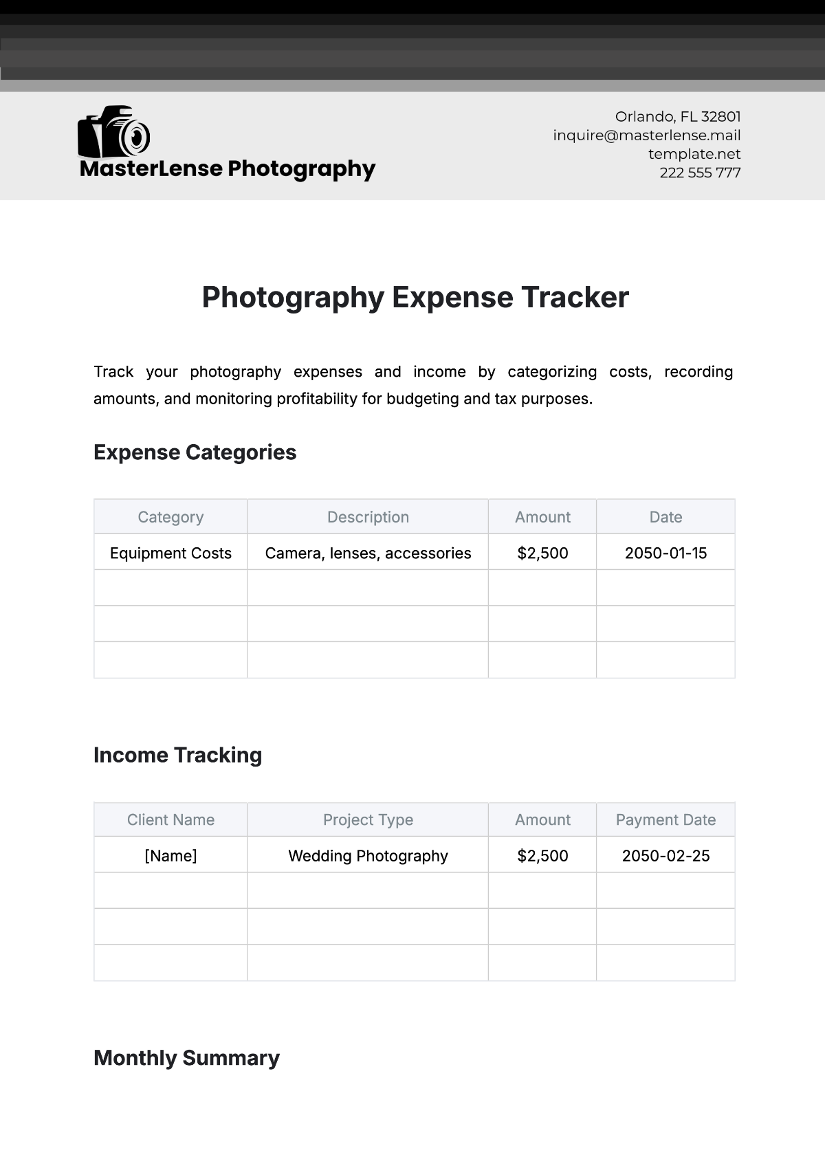 Photography Expense Tracker Template - Edit Online & Download