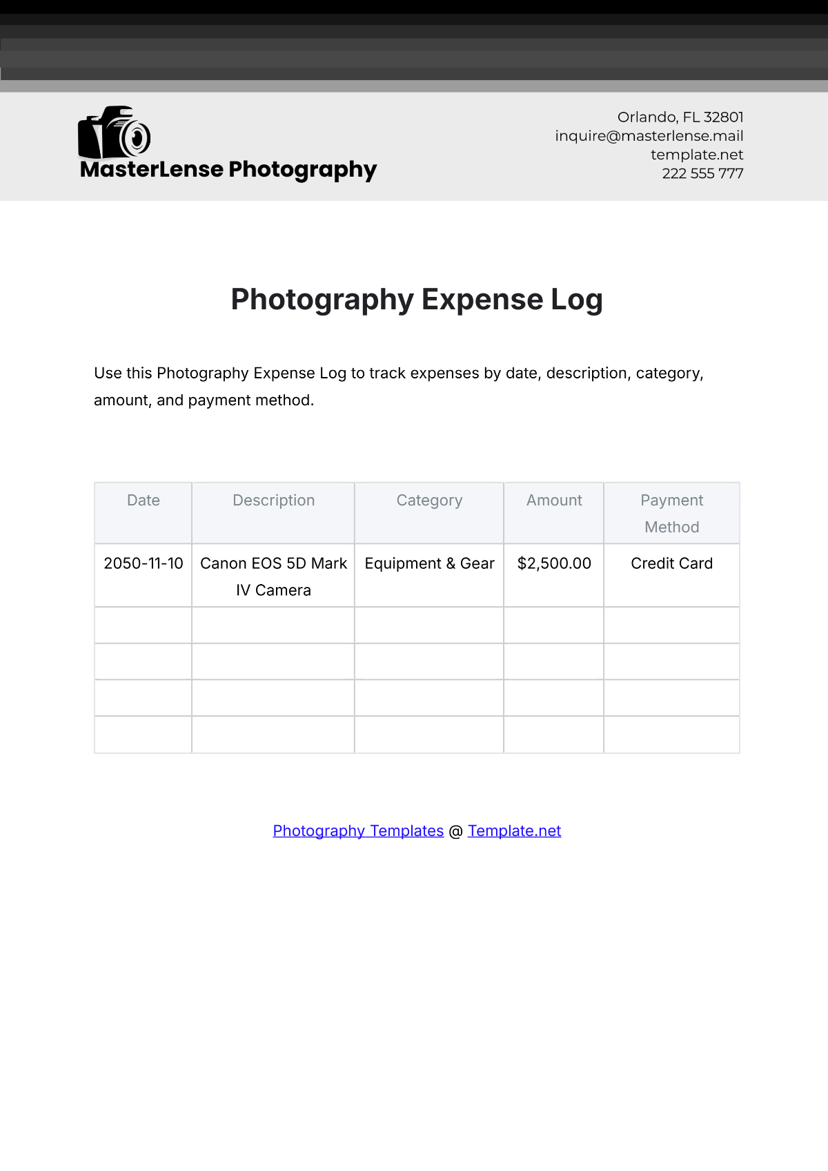 Photography Expense Log Template - Edit Online & Download