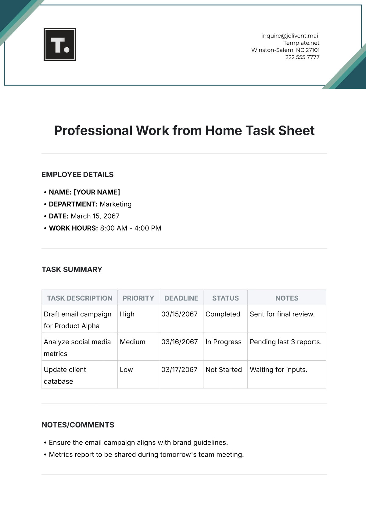 Professional Work from Home Task Sheet Template - Edit Online & Download