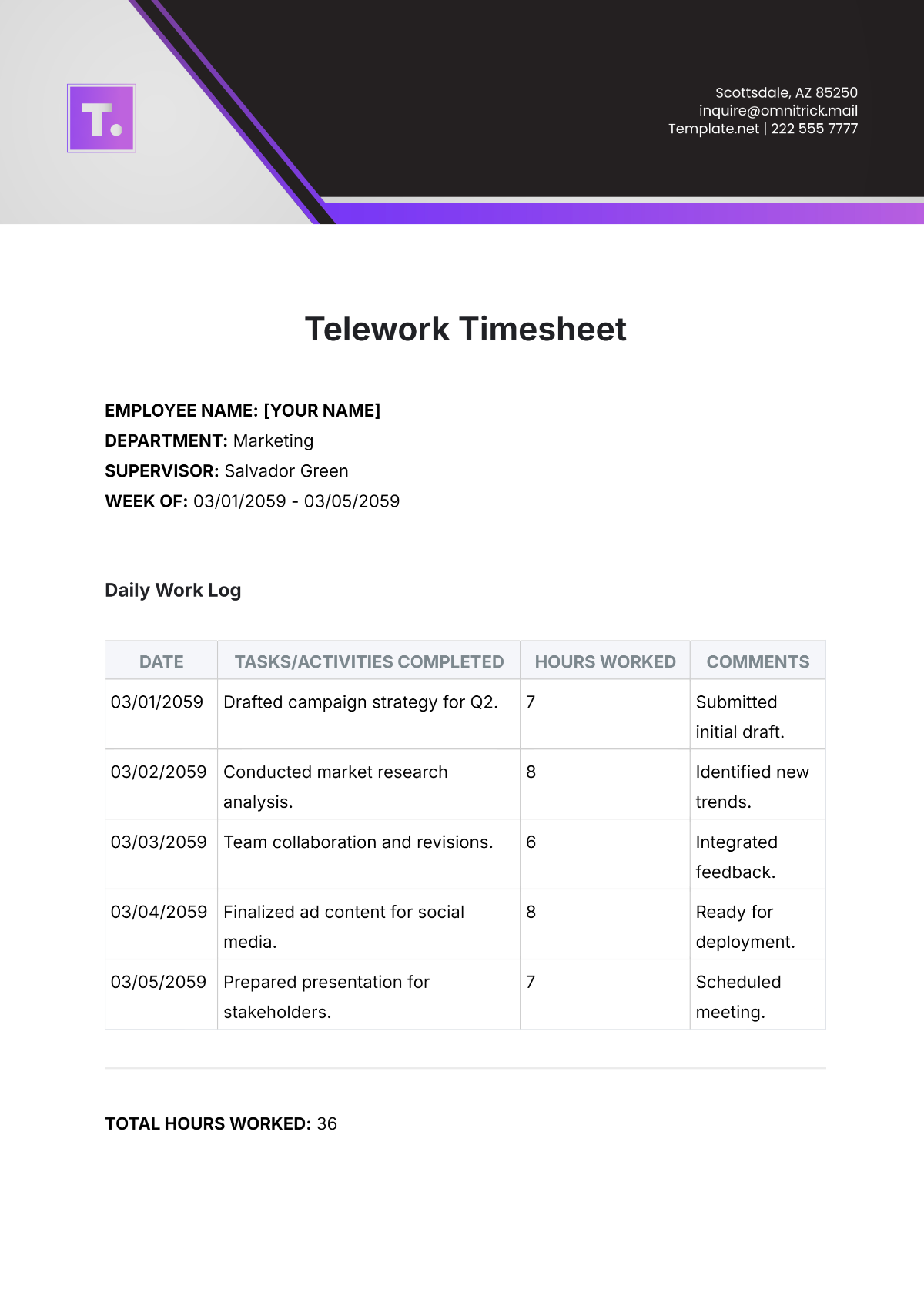 Telework Timesheet Template - Edit Online & Download