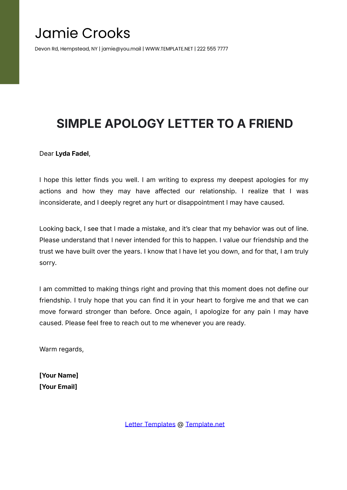 Simple Apology Letter to a Friend Template - Edit Online & Download