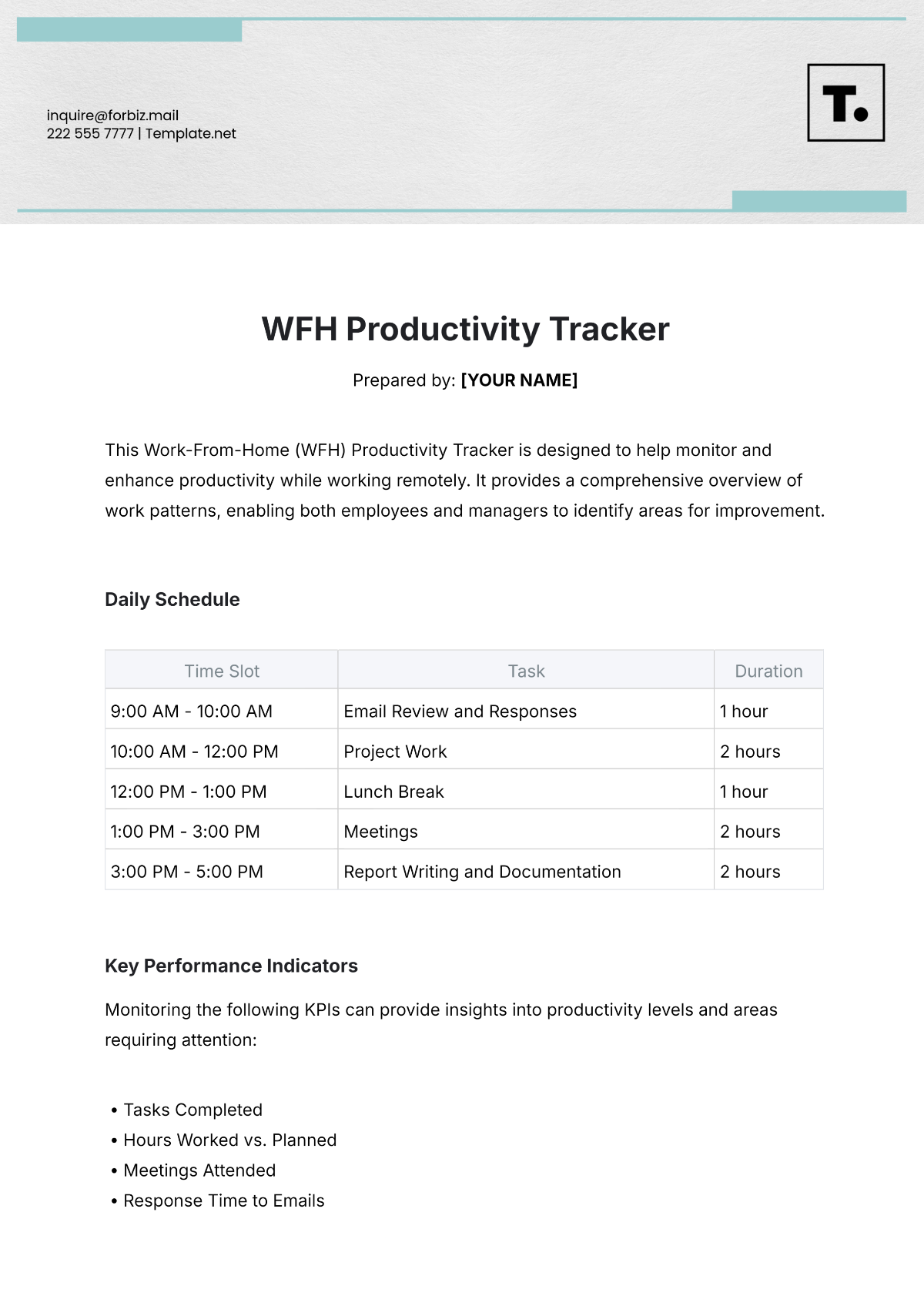 WFH Productivity Tracker Template - Edit Online & Download