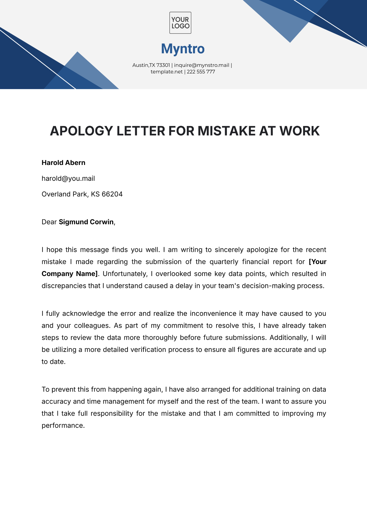 Apology Letter for Mistake at Work Template - Edit Online & Download