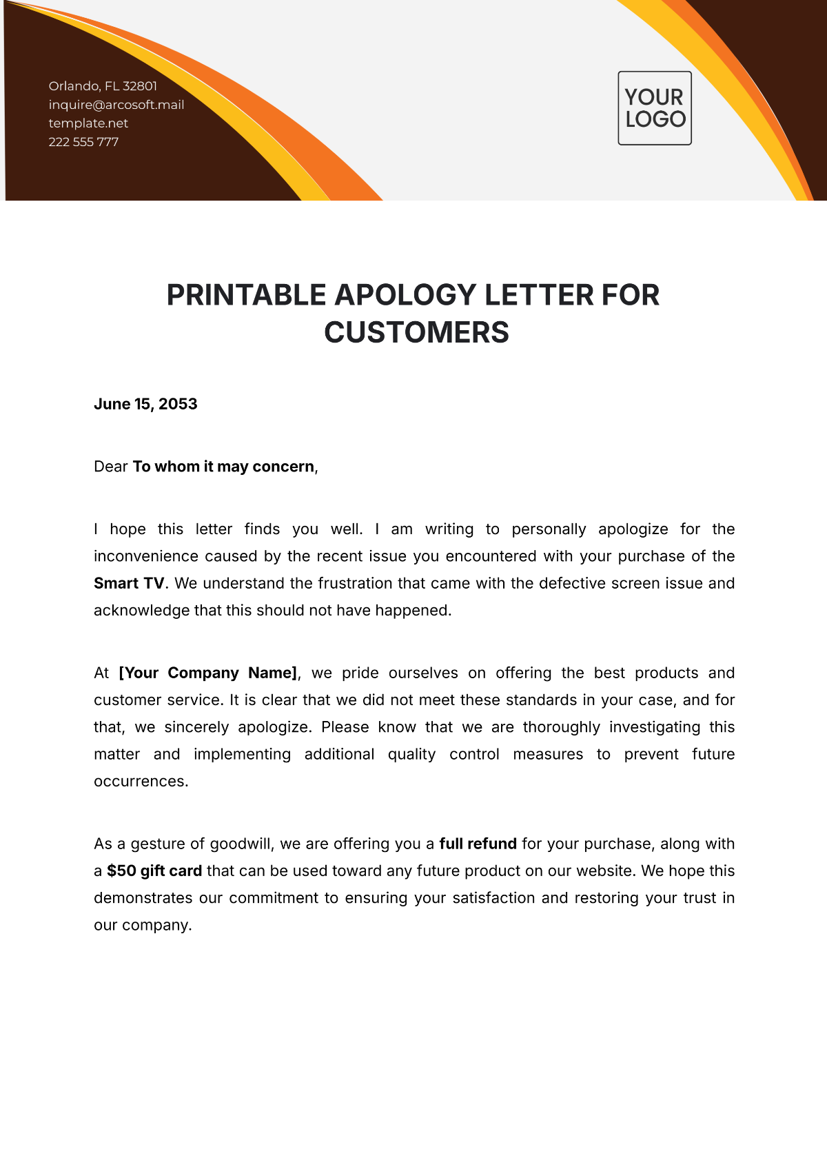 Printable Apology Letter for Customers Template - Edit Online & Download