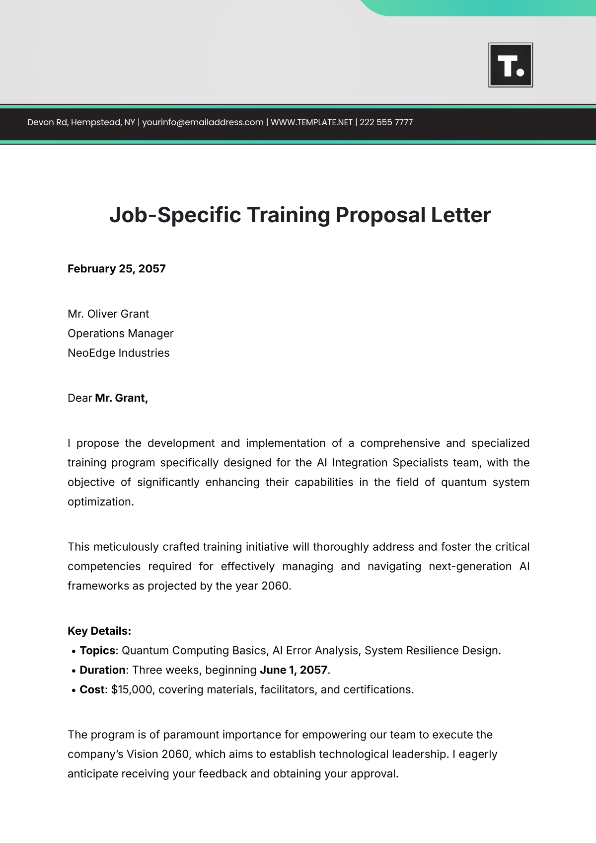 Job-Specific Training Proposal Letter Template - Edit Online & Download