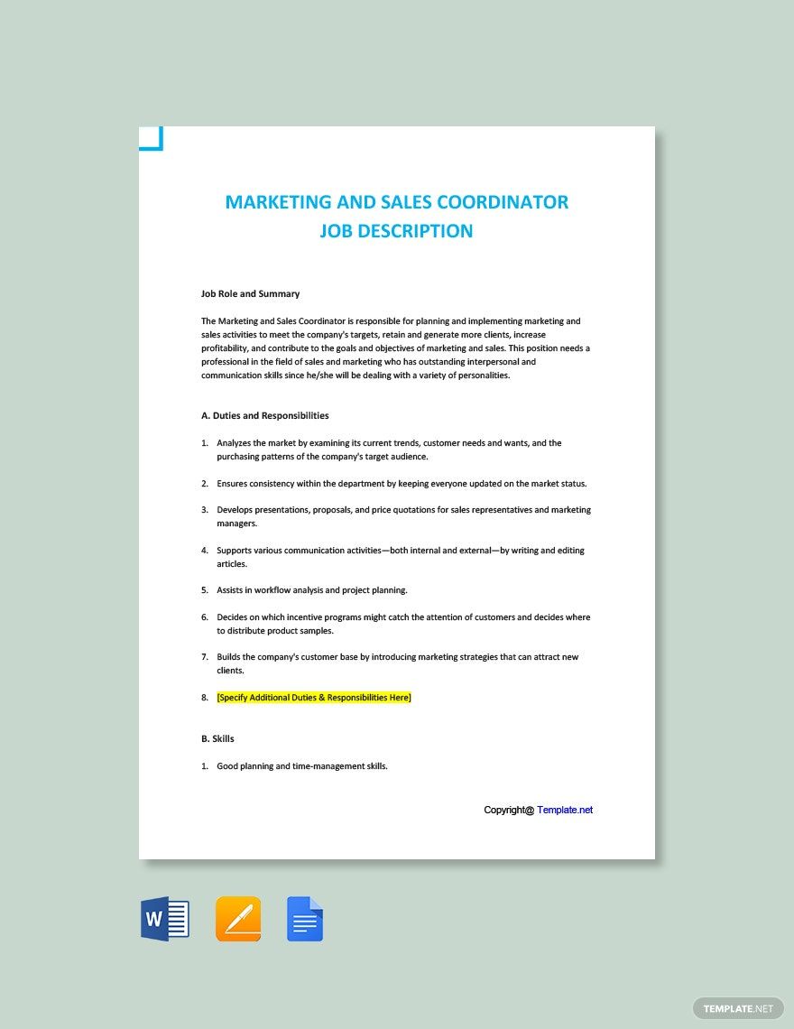 FREE Sales Coordinator Word Template Download Template Net   Marketing And Sales Coordinator Job Description 1 