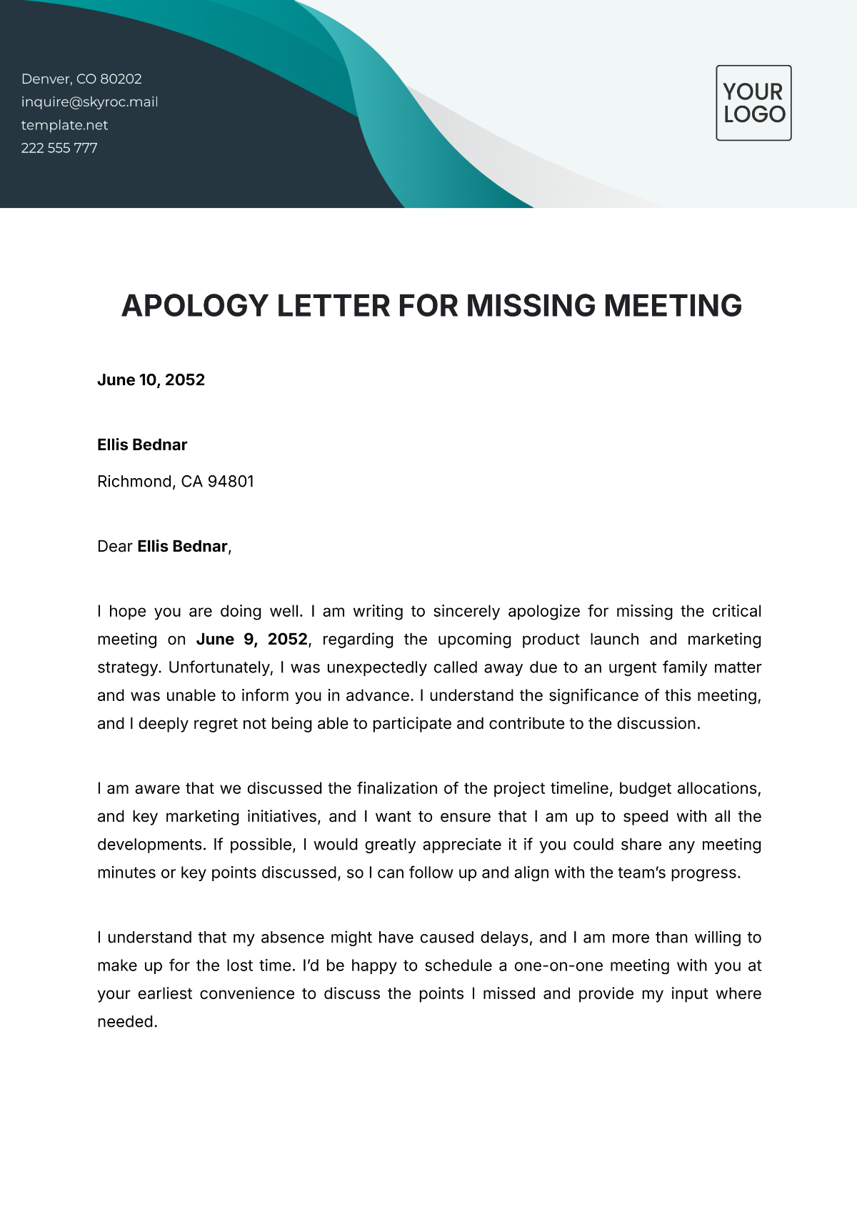 Apology Letter for Missing Meeting Template - Edit Online & Download