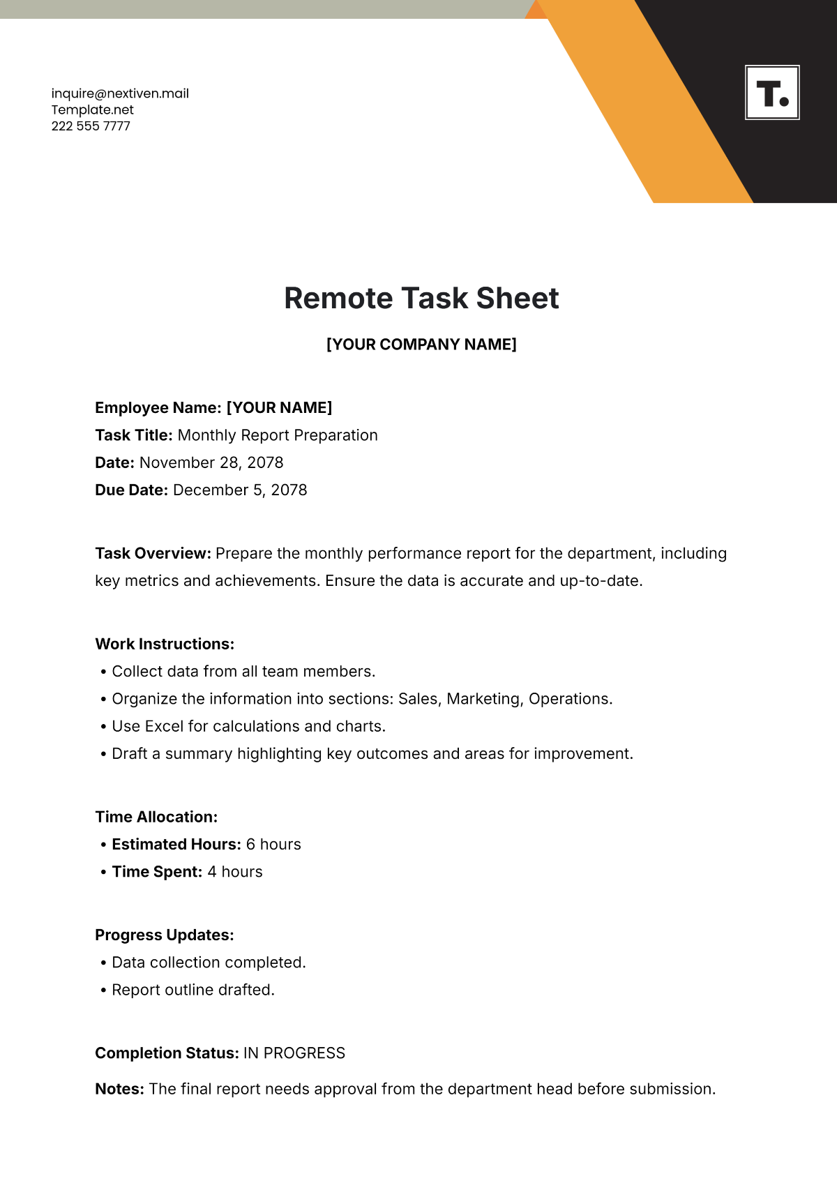 Remote Task Sheet Template - Edit Online & Download