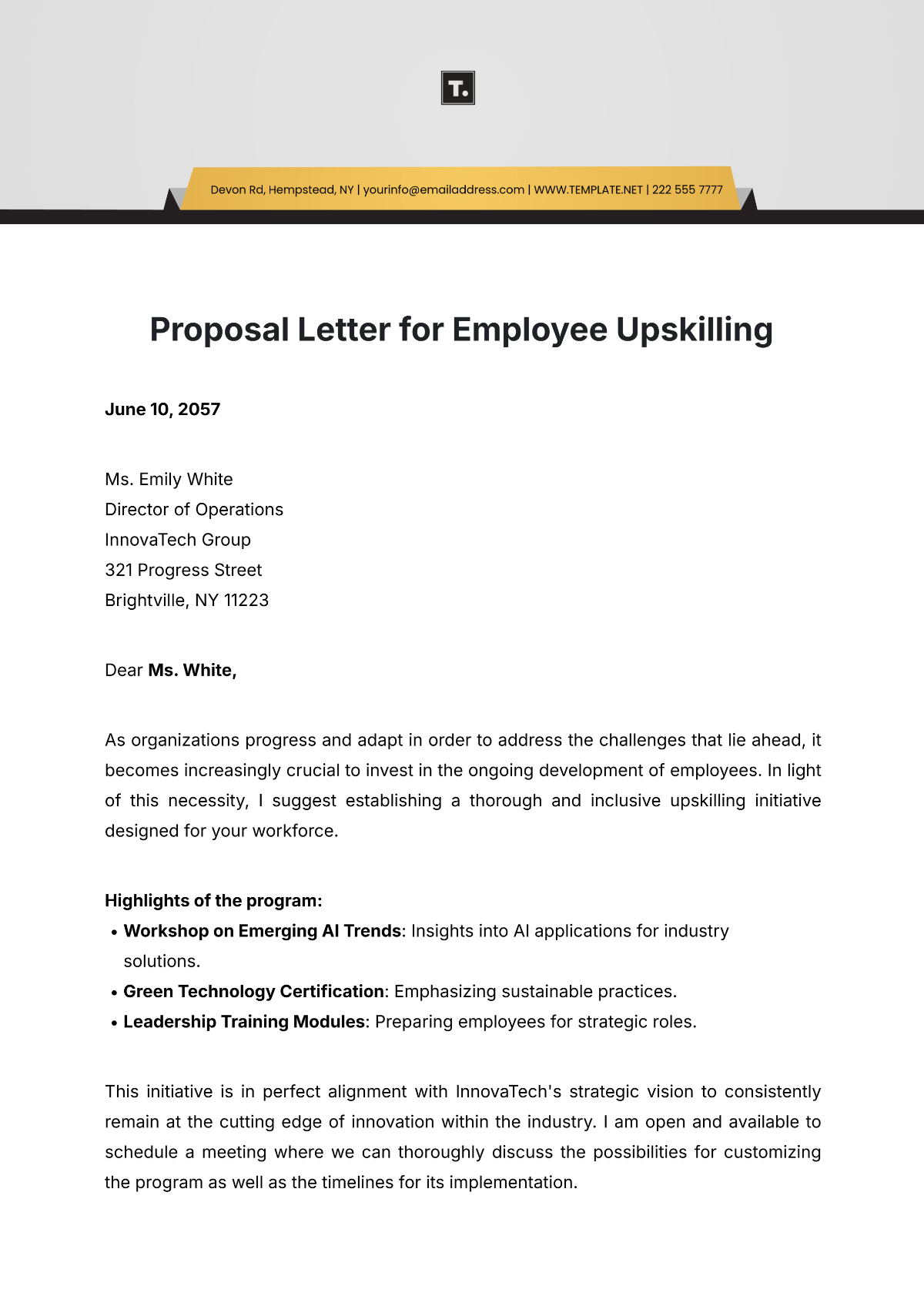 Proposal Letter for Employee Upskilling Template - Edit Online & Download