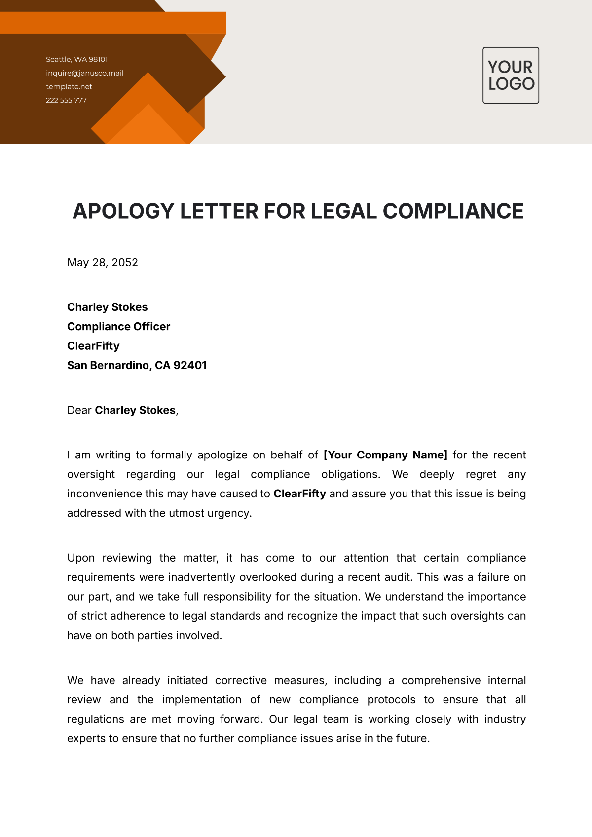 Apology Letter for Legal Compliance Template - Edit Online & Download