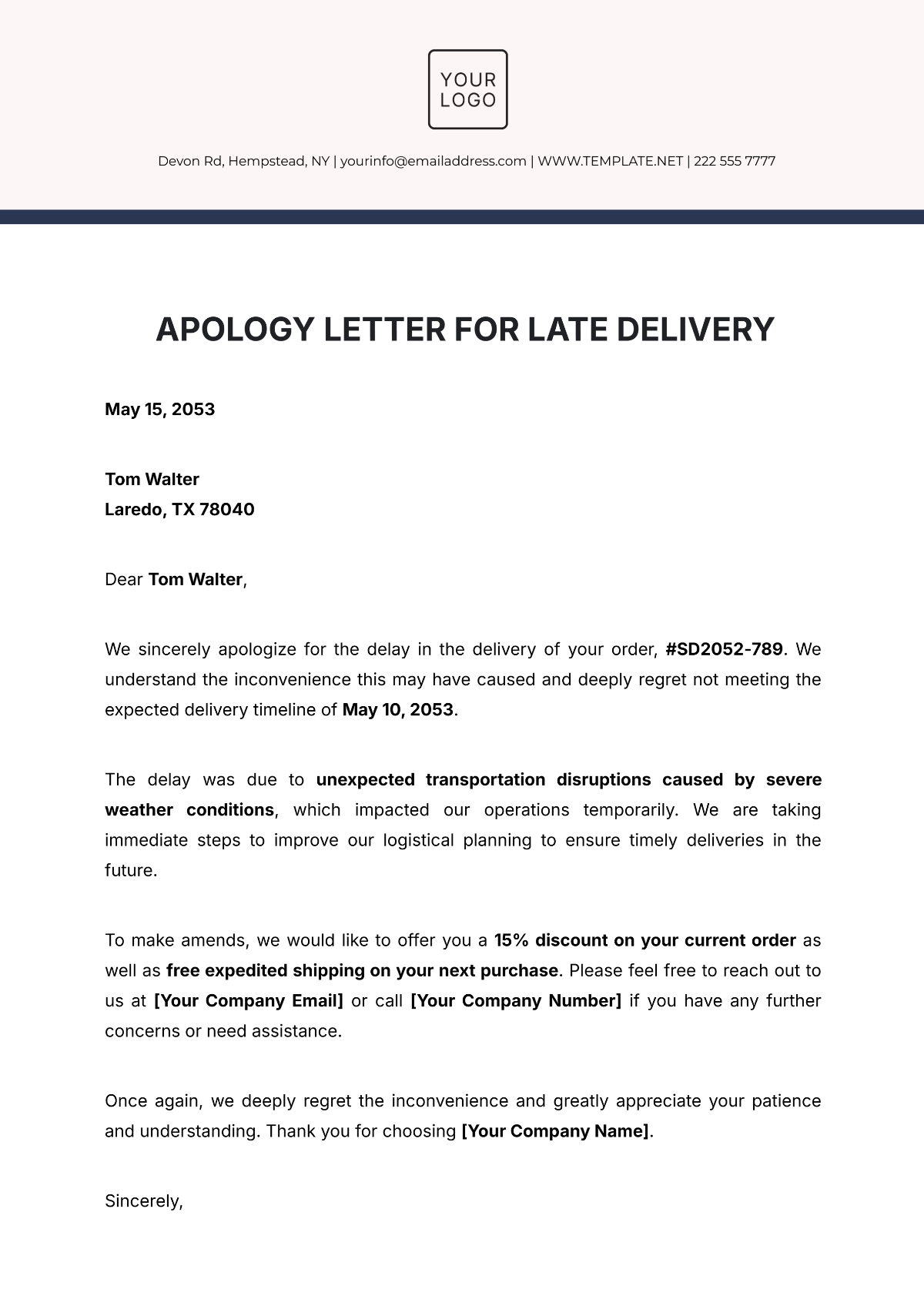 Apology Letter for Late Delivery Template - Edit Online & Download