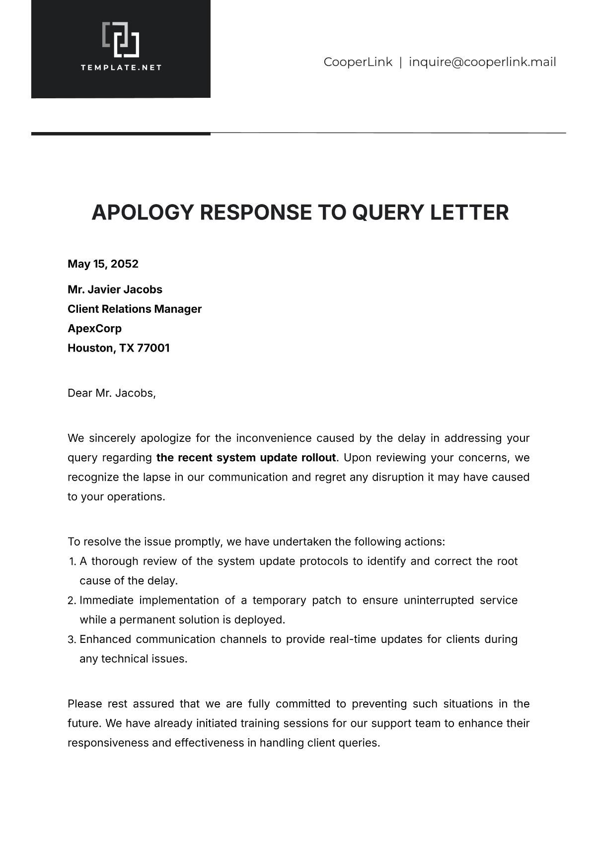 Apology Response to Query Letter Template - Edit Online & Download