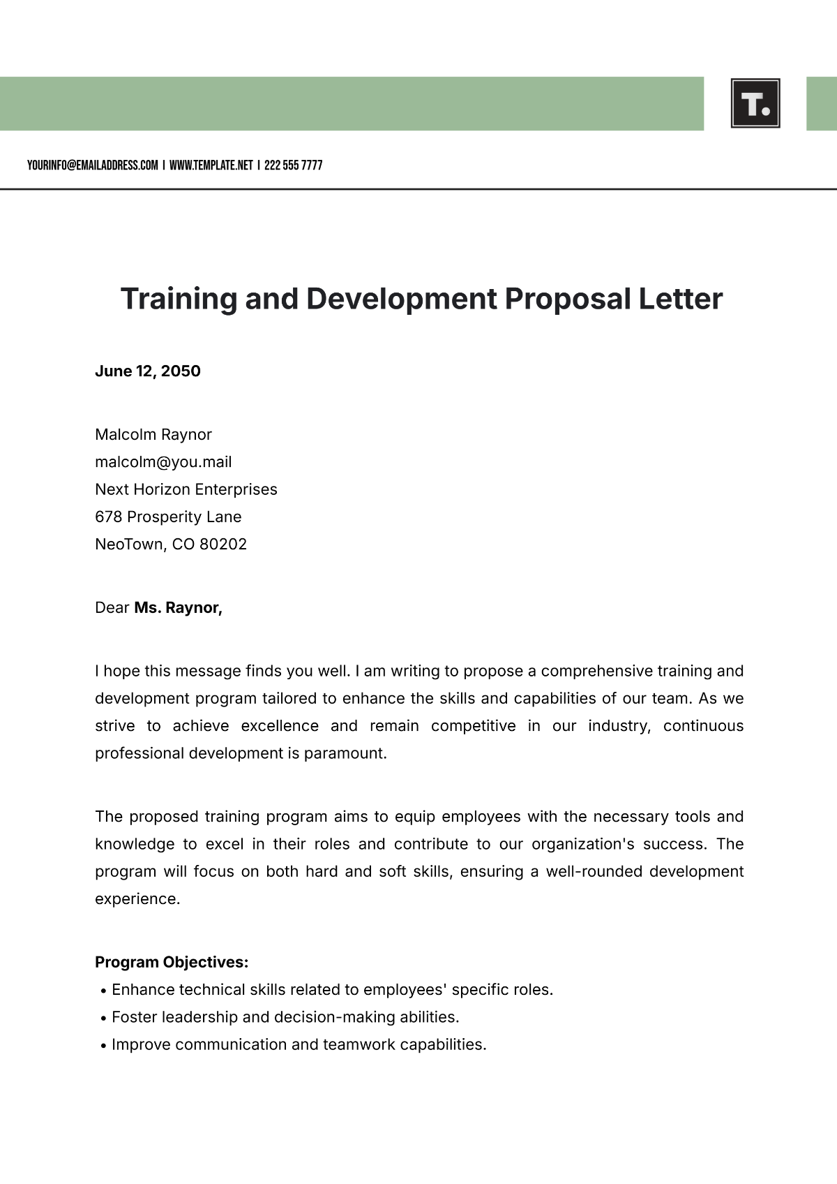 Training and Development Proposal Letter Template - Edit Online & Download