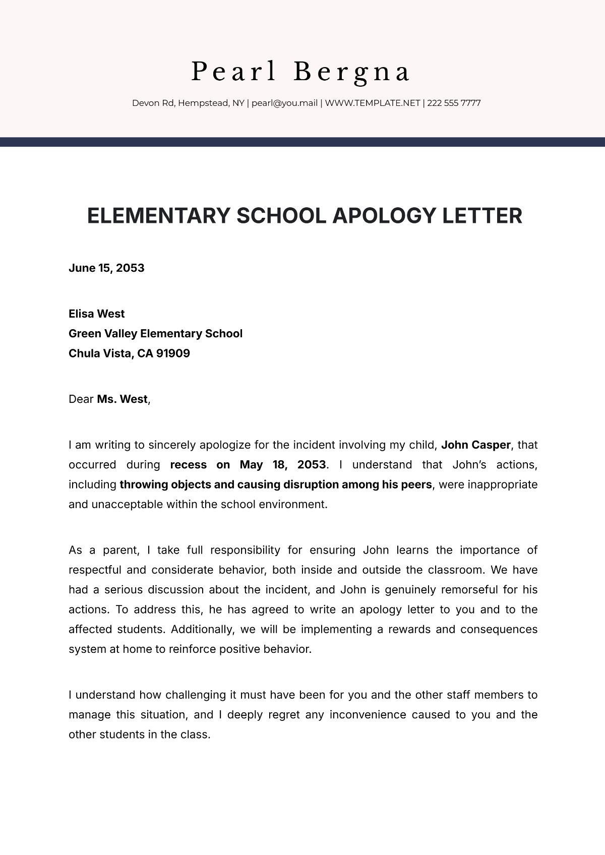 Elementary School Apology Letter Template - Edit Online & Download