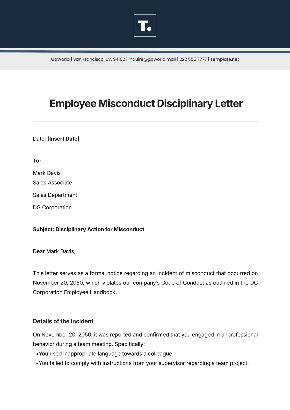 Employee Misconduct Disciplinary Letter Template - Edit Online & Download