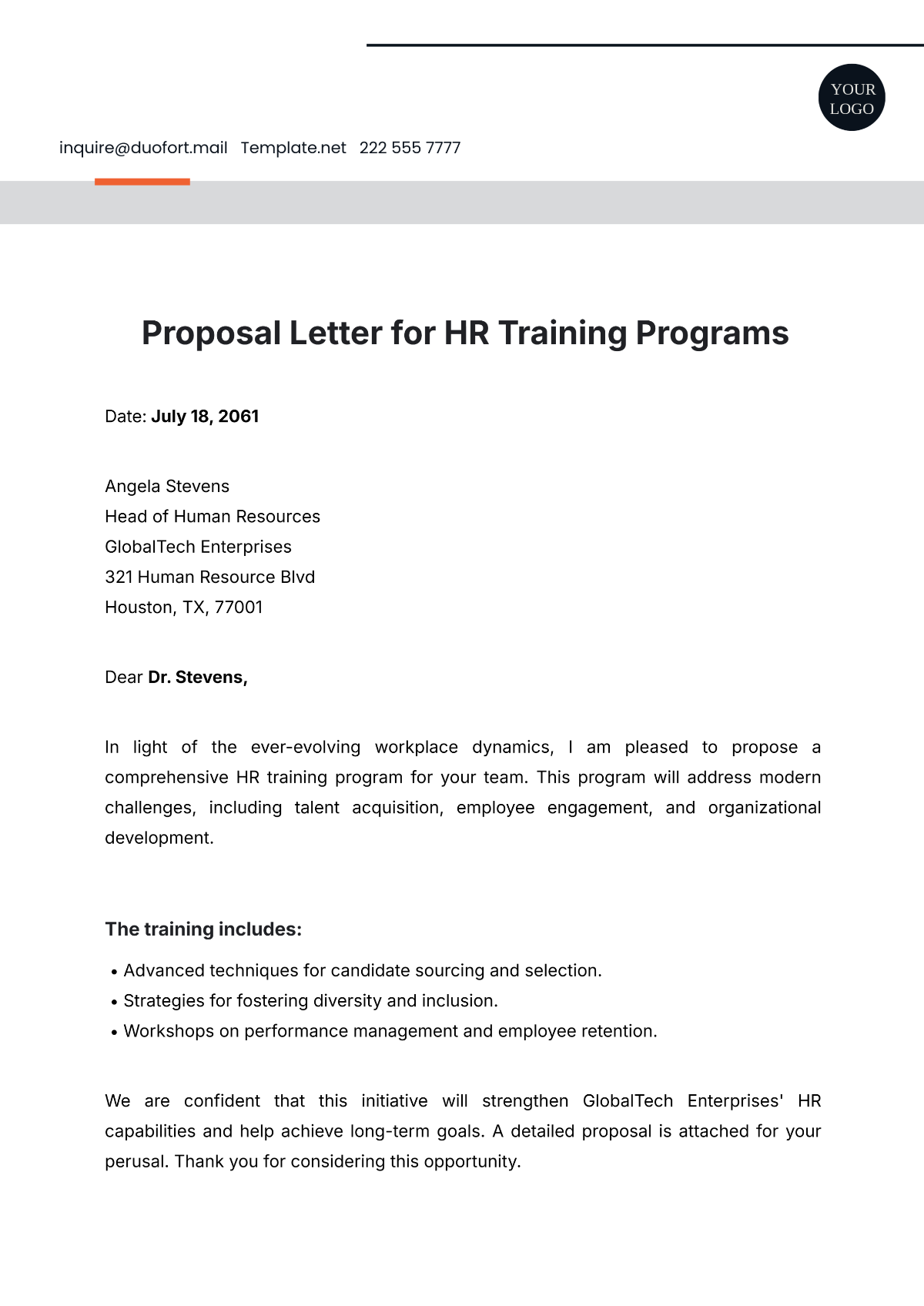 Proposal Letter for HR Training Programs Template - Edit Online & Download