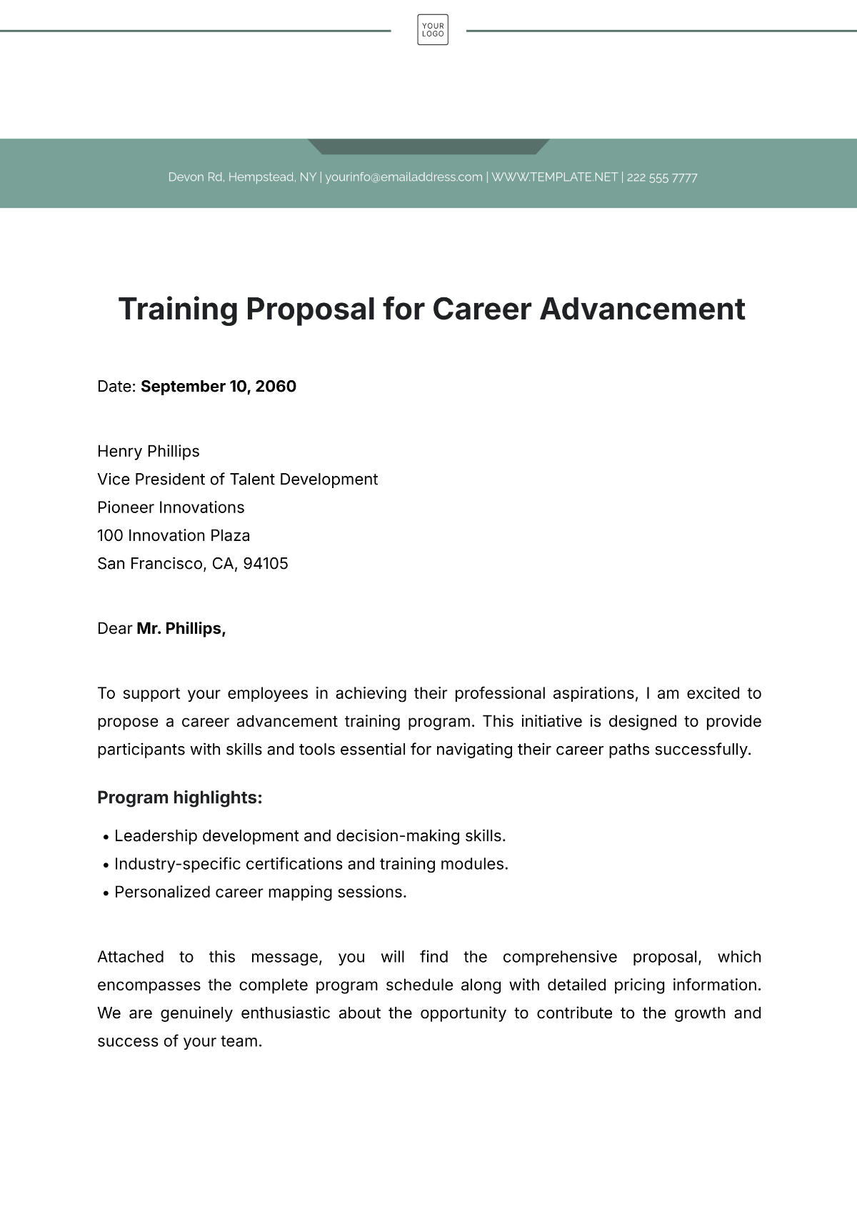 Training Proposal for Career Advancement Template - Edit Online & Download