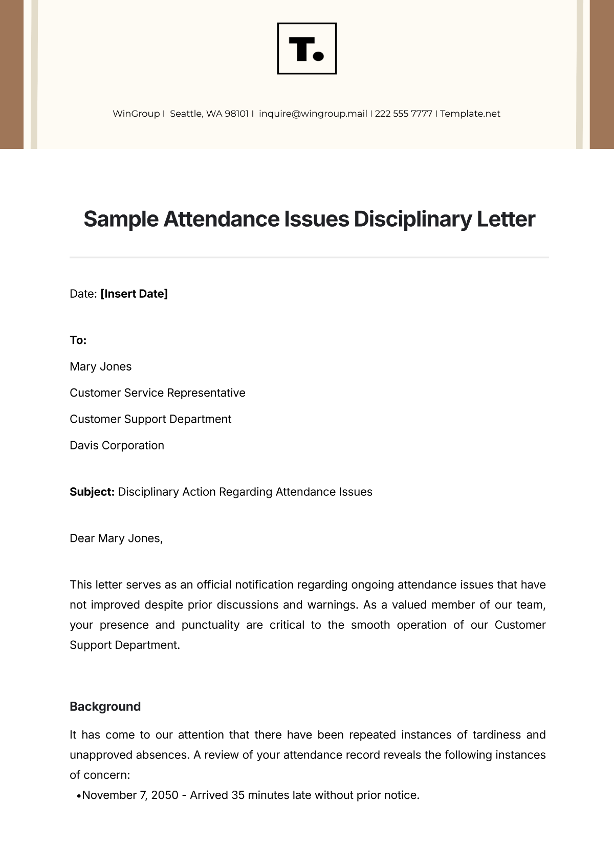 Sample Attendance Issues Disciplinary Letter Template - Edit Online & Download