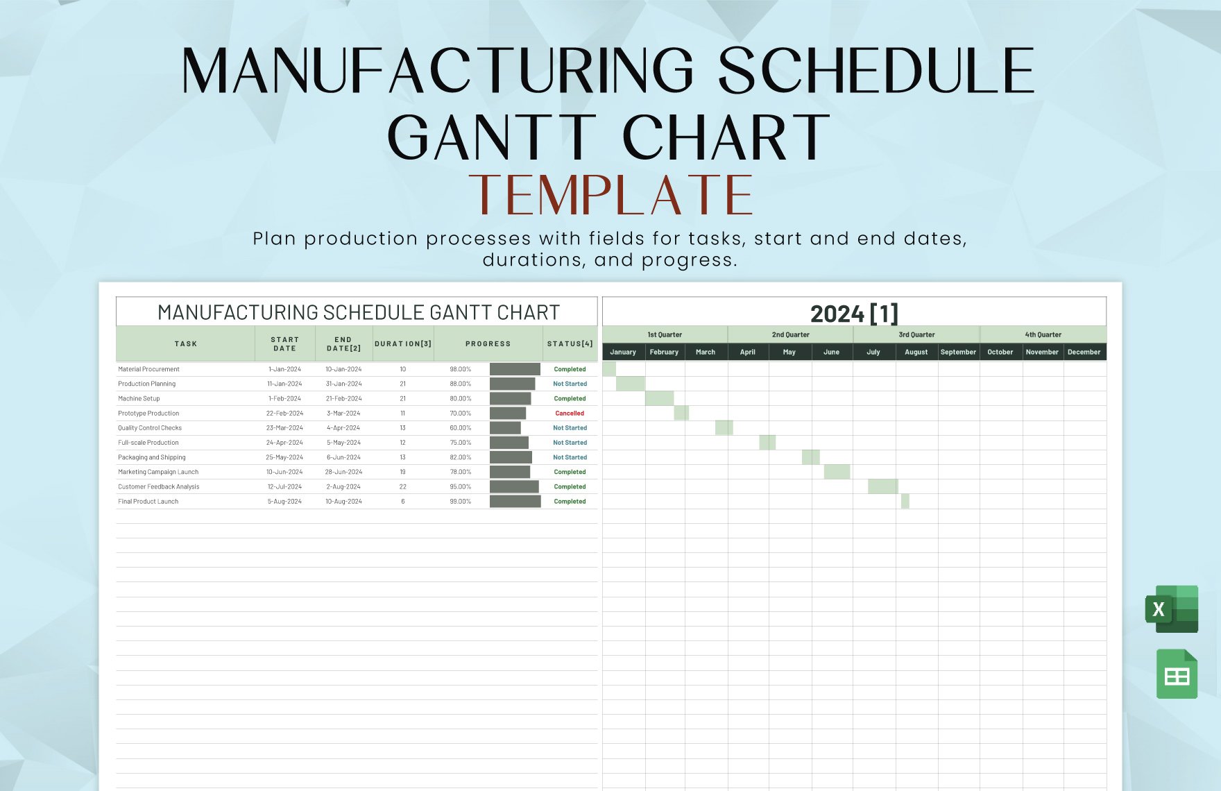 Free Manufacturing Schedule Gantt Chart Template in Excel, Google Sheets