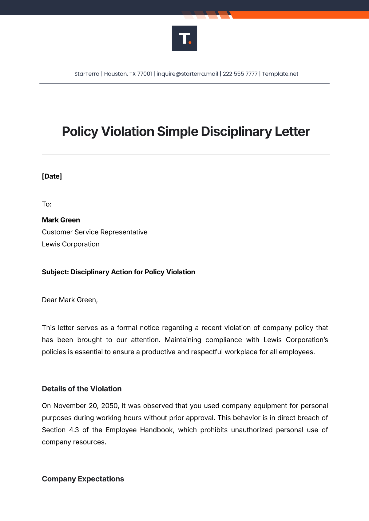 Policy Violation Simple Disciplinary Letter Template - Edit Online & Download