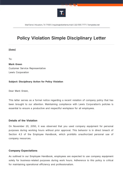 Free Policy Violation Simple Disciplinary Letter Template to Edit Online