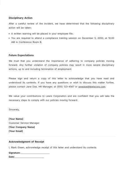 Free Policy Violation Simple Disciplinary Letter Template to Edit Online