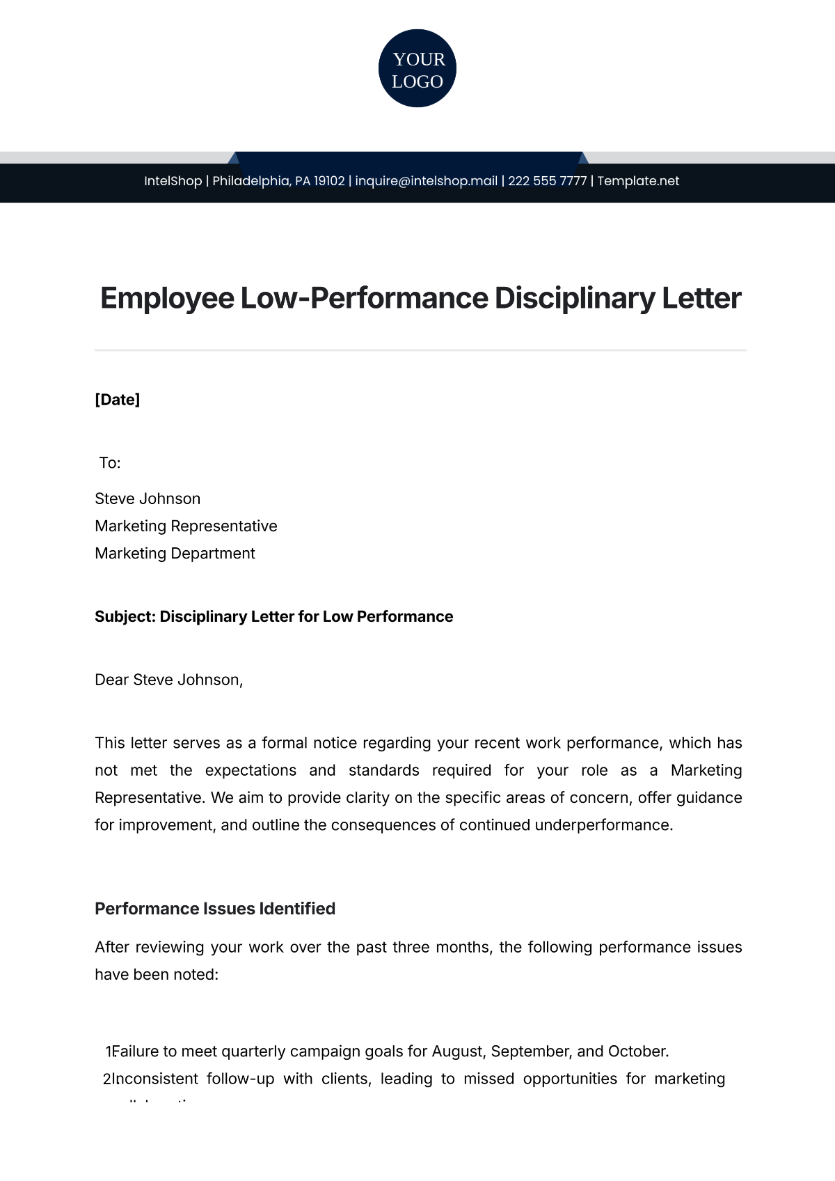 Employee Low-Performance Disciplinary Letter Template - Edit Online & Download