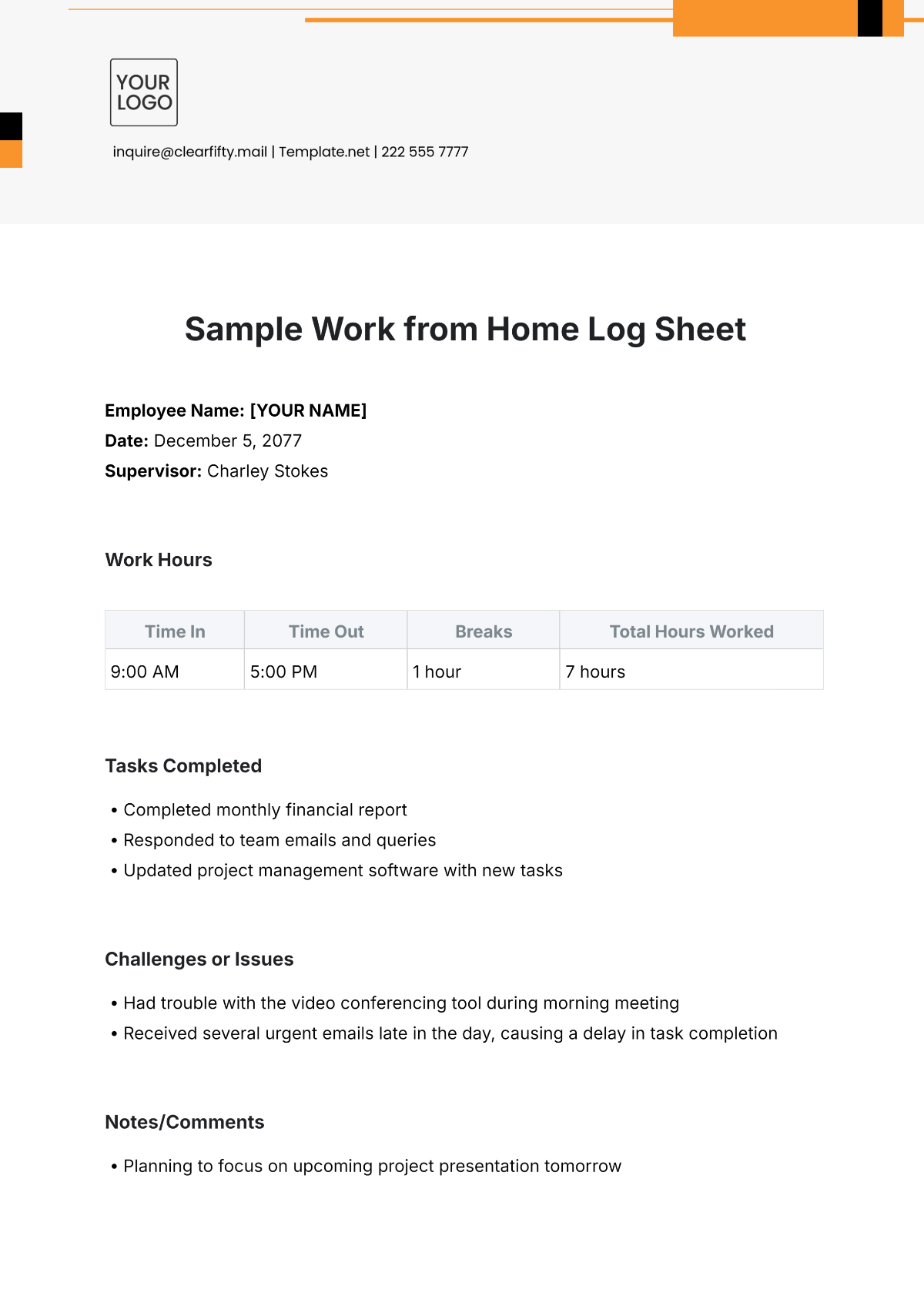 Sample Work from Home Log Sheet Template - Edit Online & Download