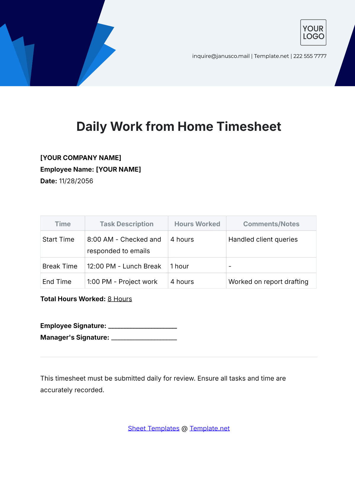 Daily Work from Home Timesheet Template - Edit Online & Download