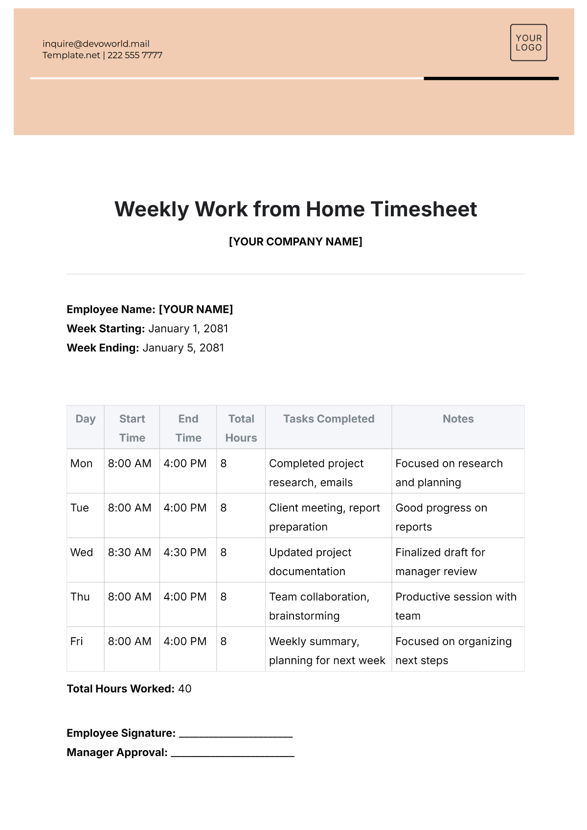 Weekly Work from Home Timesheet Template - Edit Online & Download