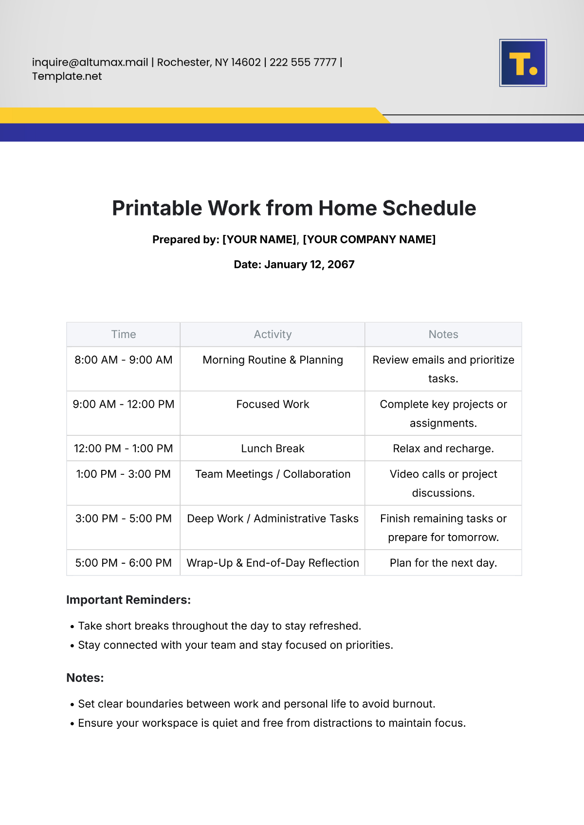 Printable Work from Home Schedule Template - Edit Online & Download