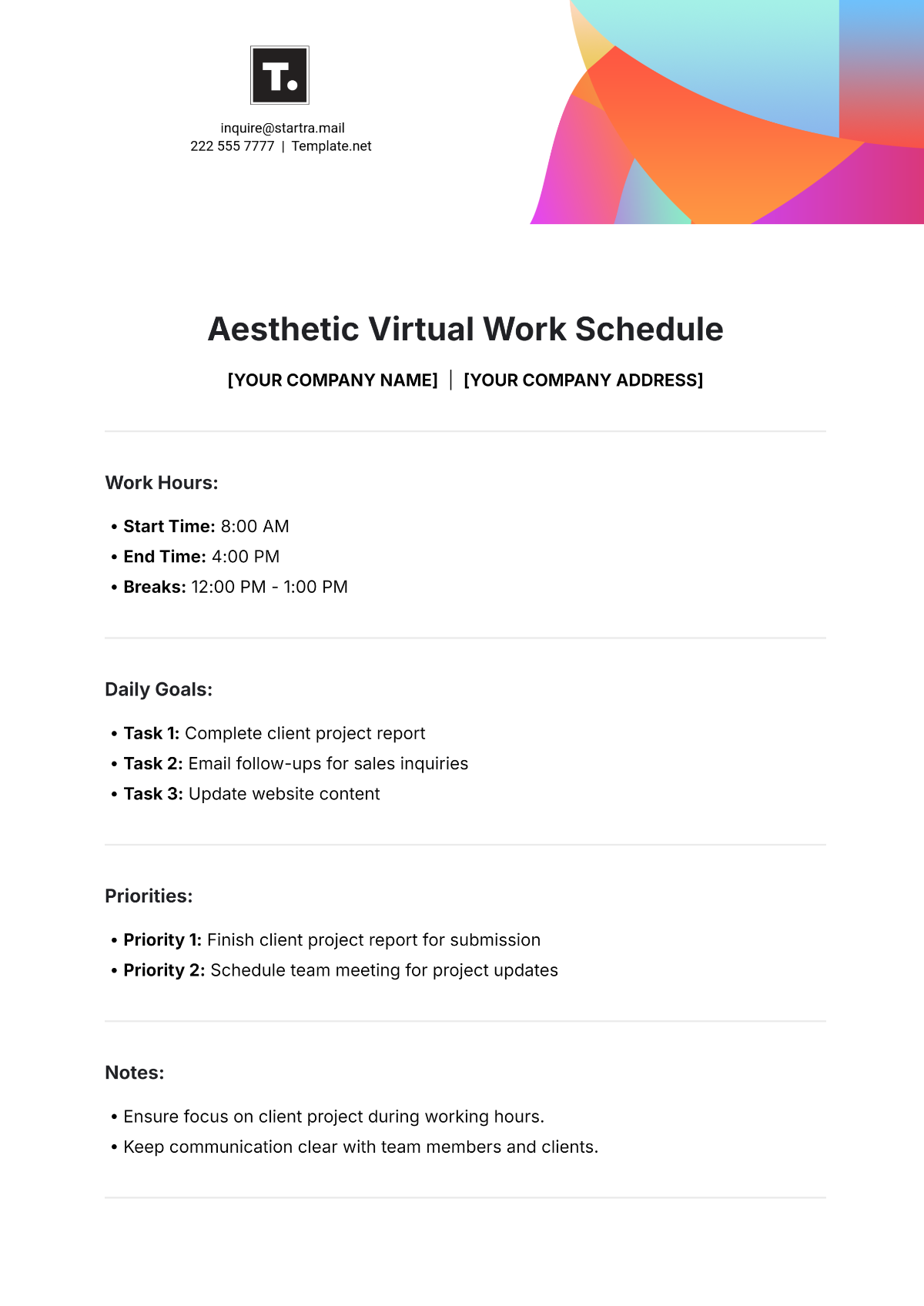 Aesthetic Virtual Work Schedule Template - Edit Online & Download